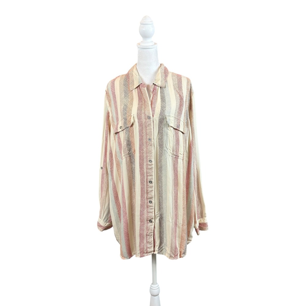 Oso Casuals Button Down Shirt Womens 1X Multicolor Chevron Stripe Lace Up Back